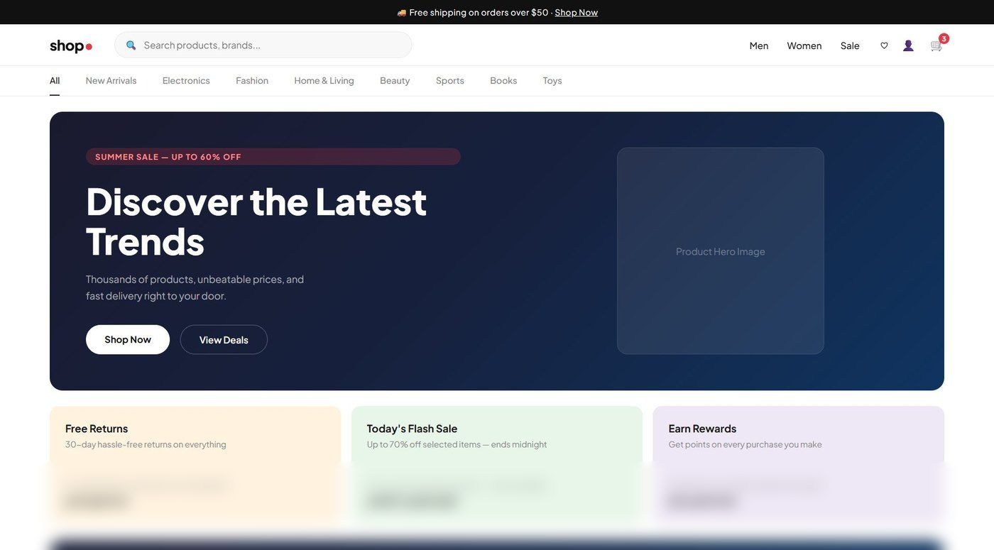 Screenshot of Shop e-commerce website UI with product grid and category filters