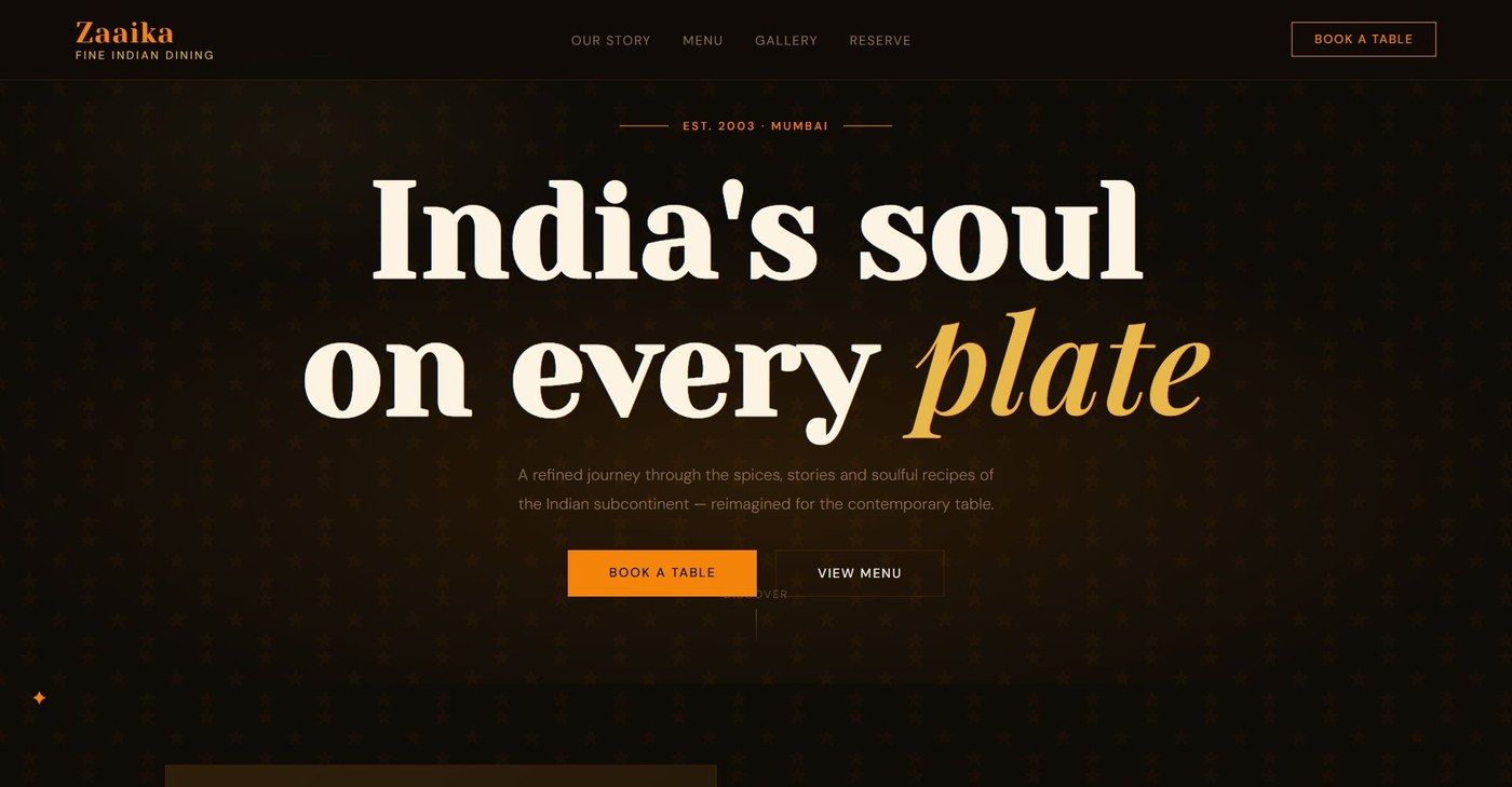 Homepage screenshot of Zaaika Restaurant — dark-themed restaurant website with interactive menu